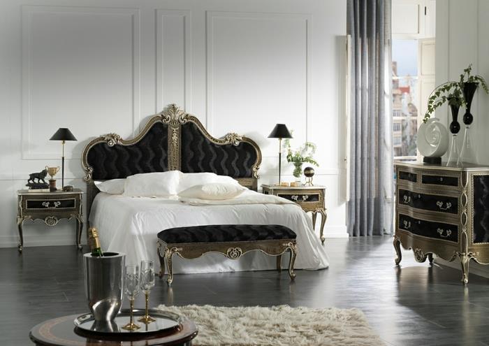 očarljivo pohištvo, temna tla, mehka preproga, baročna dekoracija, bele stene