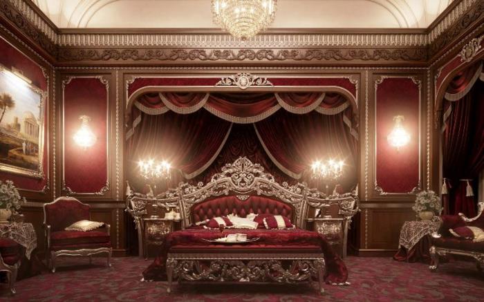 barok yatak, Viktorya tarzında kırmızı yatak odası, görkemli atmosfer, kraliyet kırmızısı renk