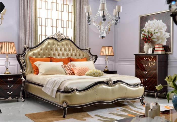yatak odasında büyük barok yatak, buket boyama, eski barok şifonyer