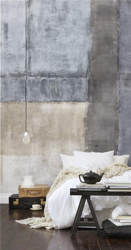 modernus interjeras miegamajame, apstatytas neutraliomis spalvomis su pramoninio betono dizaino tapetais