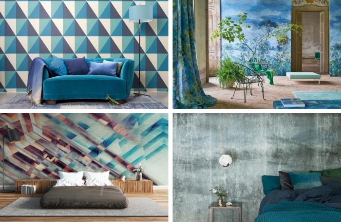 interjero idėja su grafiniais mėlynos spalvos tapetais, mėlynos sofos modelis, padengtas violetinėmis pagalvėlėmis