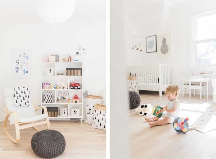 bela skandinavska spalnica z otroško posteljico in naslanjačem ikea
