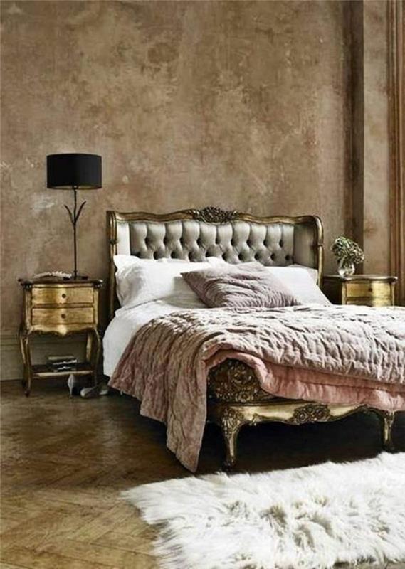 dvigulė lova-paminkštinta-lova-kailio kilimas-balta-medinė-grindų-smėlio-sienos-baroko lova