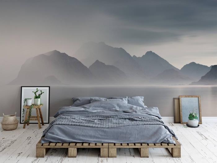 pagrindinis miegamojo išdėstymas su mediniais ir padėklų baldais, natūralaus kraštovaizdžio tapetų sienų apdaila