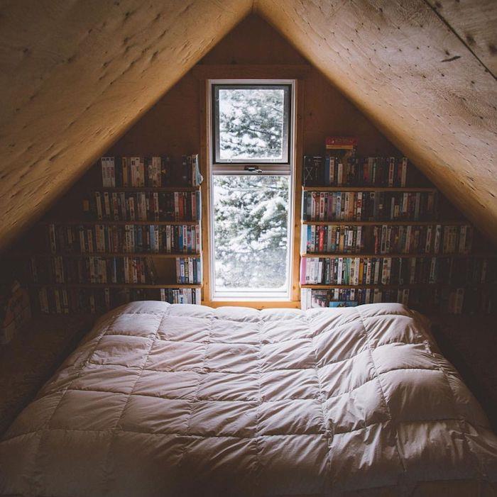 Knjižnica, vgrajena v steno brunarice, prijetna spalnica s posteljo in knjigami, elegantna gorska notranjost v majhni hiši