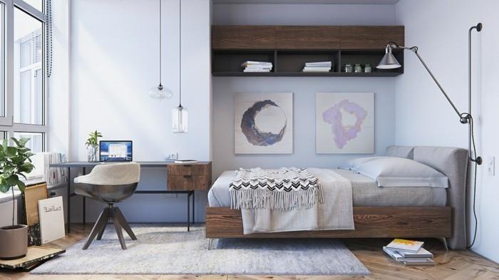 medinės lovos ir lentynos-šviesaus medžio parketas-darbo kampas-šiuolaikinio meno kūriniai-pilkas kilimas-pakabos-pramoninis-stilius-papuošti-miegamasis- skandinaviškas