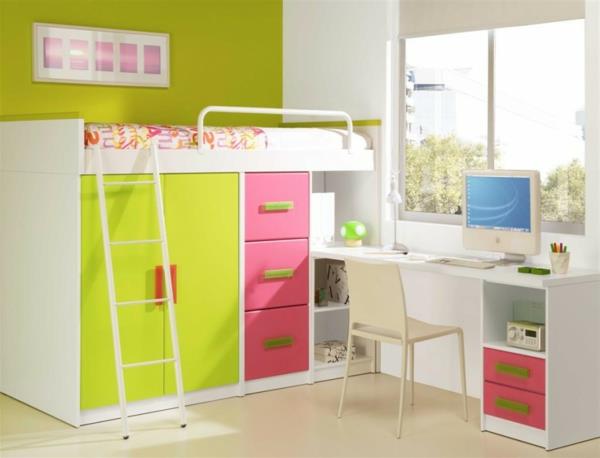 medetažna postelja-s-pisalno-garderobno omaro-v-zeleno-roza barvi
