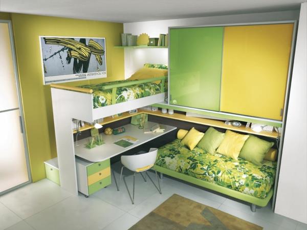 medetažna postelja-s-mizo-spalnica z zelenimi listi