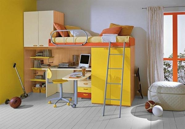 medetažna postelja s pisalno mizo in rumeno omaro