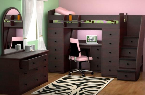 palėpė-lova ir stalas-tamsiai juodos-riešutmedžio ir rožinės spalvos apdaila