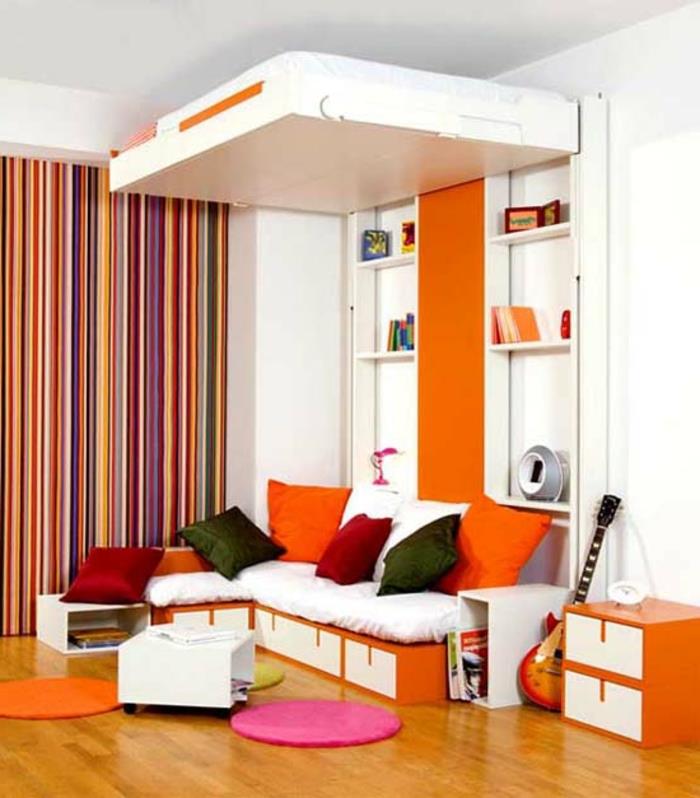 stenska postelja-zložljiva-postelja-kako-urediti-oranžno-spalnico