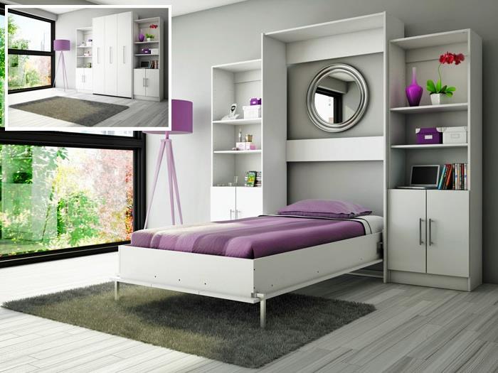 stenska postelja-zložljiva-postelja-kako-urediti-spalnico-vijolična