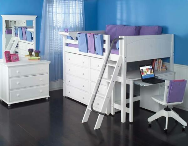 Dvignjena postelja-belo-pohištvo-v-modri-otroški sobi