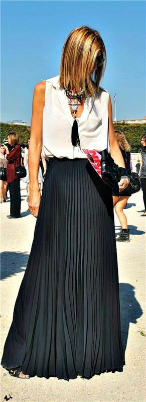 ilgas-juodas-klostuotas sijonas-juodas-klostuotas sijonas-modernus-viršuje-baltas