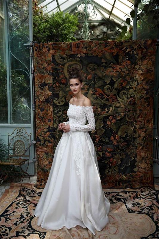 Žiemos ar pavasario vestuvinė suknelė romantiška bohemiška prašmatni vestuvinė suknelė nuo pečių nėrinių rankovės