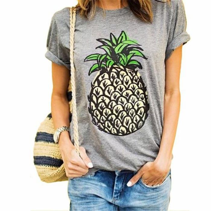 Devintojo dešimtmečio mados Pilki marškinėliai su ananasų motyvais, populiarūs 80 -aisiais