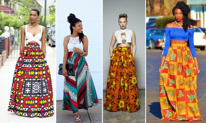 kaip vasarą prašmatniai ir stilingai dėvėti afrikietiškus drabužius moterims, etninio maxi sijono išvaizdos idėjos spalvingais vaško atspaudais