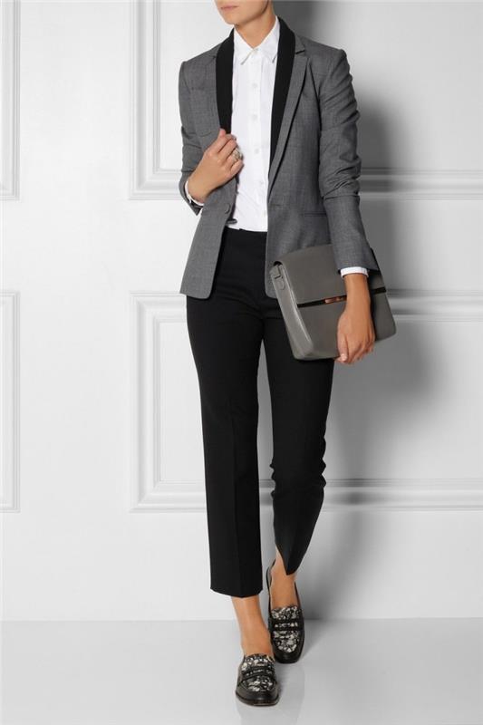 elegantna in profesionalna vizija za žensko v črnih hlačah v kombinaciji s sivim blazerjem in belo srajco
