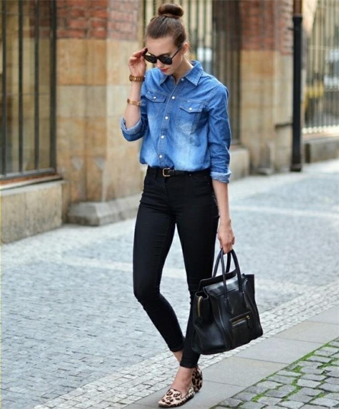 denim-shirt-look-black-sončna očala-gold-ročna ura