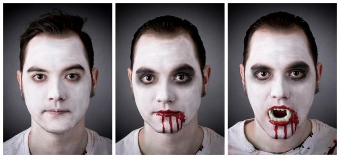berniuko vampyrų makiažas, vyras, sukurtas baltais dažais ir netikru vampyrų krauju