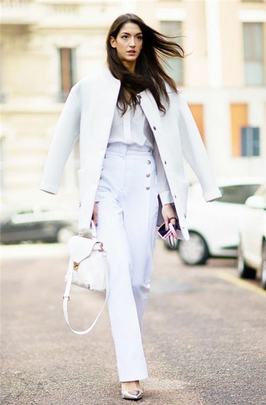 Kakšna oblačila danes zimskega belega plašča obleči z belimi kavbojkami?