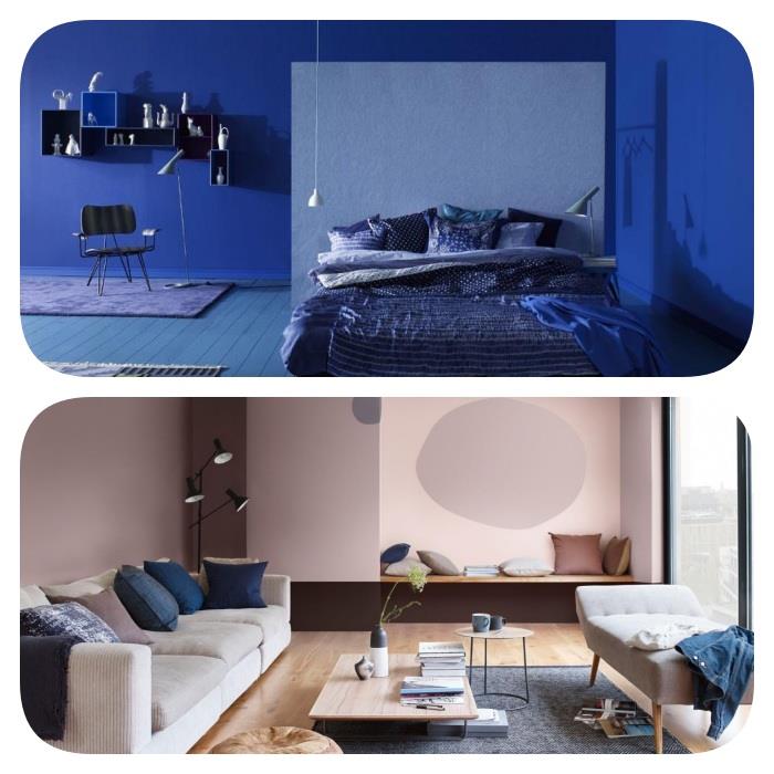 kako sprejeti barvo pantone 2020, klasično modro z majhnimi dotiki ali popolnim videzom, modro dekoracijo spalnice in dnevno sobo lososa