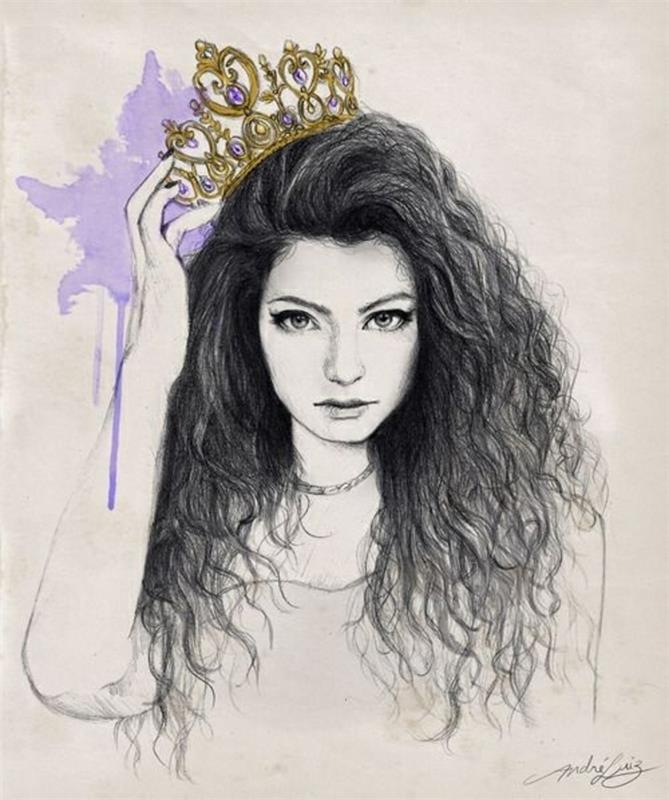 lorde navdihnjena risba, kako narisati osebo korak za korakom, zlata krona, črni kodrasti lasje