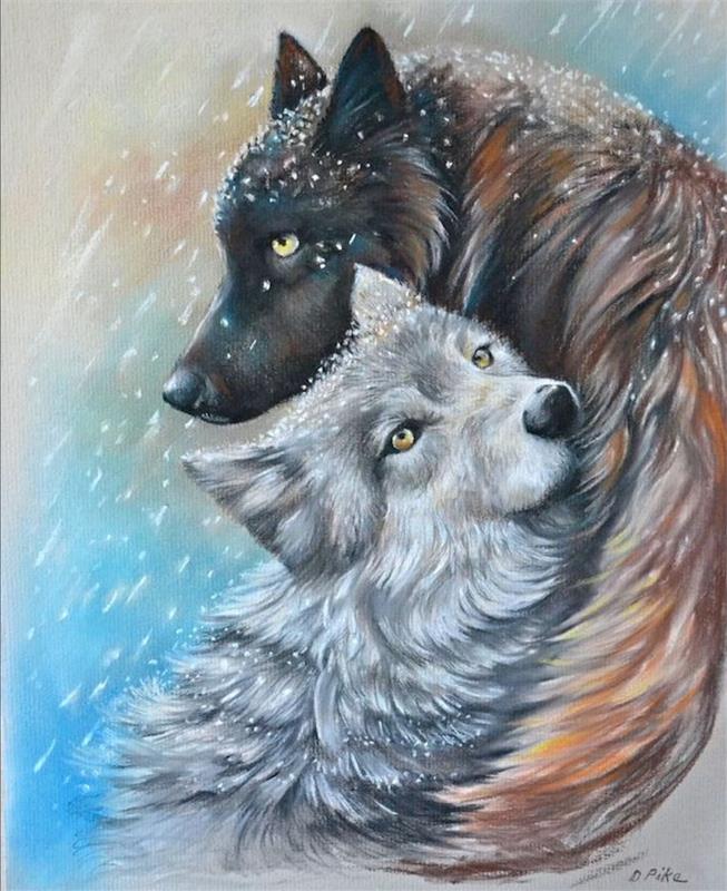 zaščitni volk, portretna risba bele volkice in sivo-belega volka na belem in modro rjavem ozadju