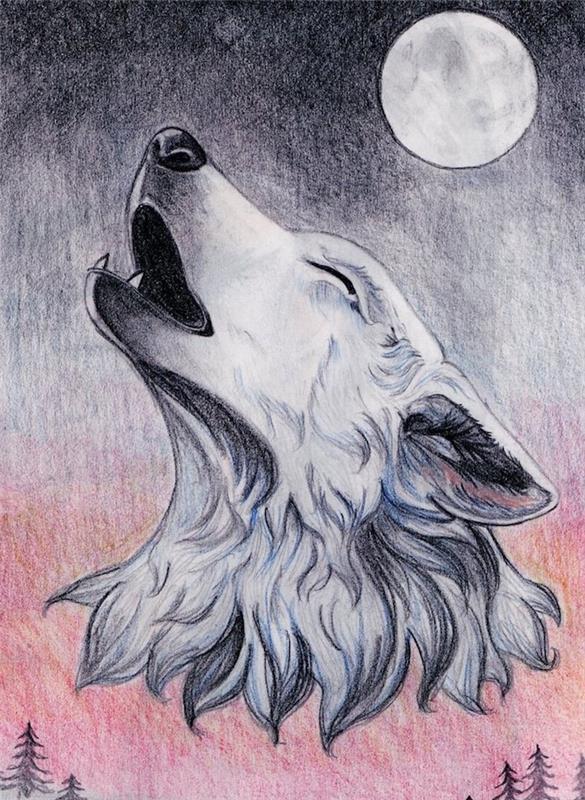polarni volk z belo glavo, ki joči v mesečini, pol grafično napol obarvano ozadje rdečih tonov