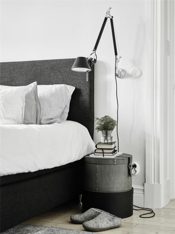 endüstriyel tasarımlı ayarlanabilir başucu sarkıt lamba, erkeksi bir iç mekana sahip tek renkli bir yatak odası