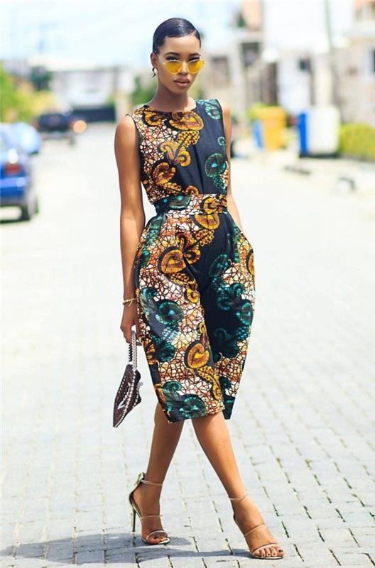 Model kombinezona do kolena v afriškem slogu, elegantna ženska oblačila v afriški zanki s cvetličnimi vzorci