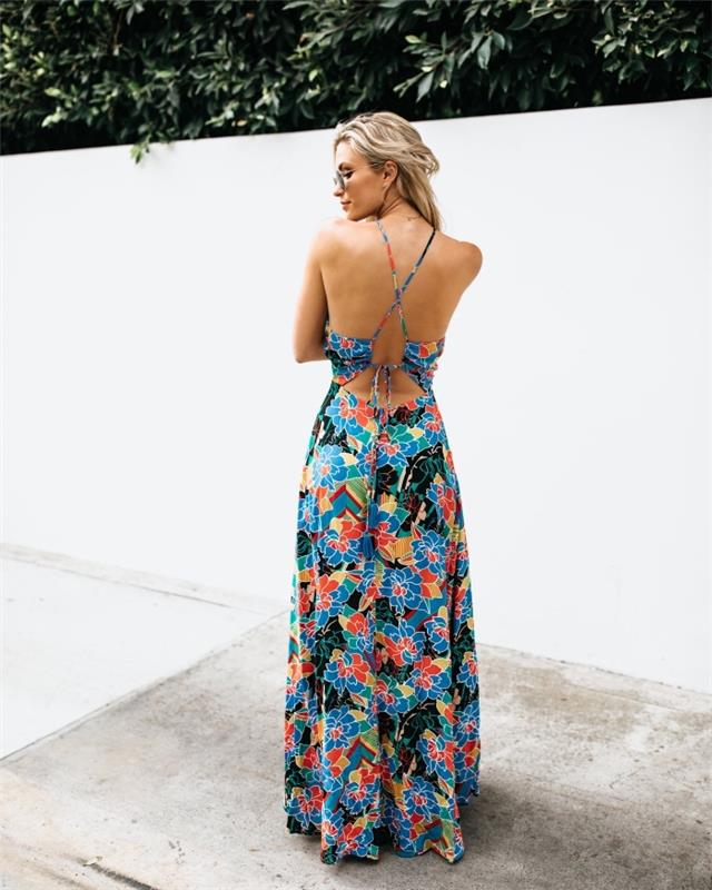 moteriška paplūdimio suknelė su įvairiaspalviu dizainu ir gėlių raštais su raišteliais gale, lengvas vasaros suknelės modelis