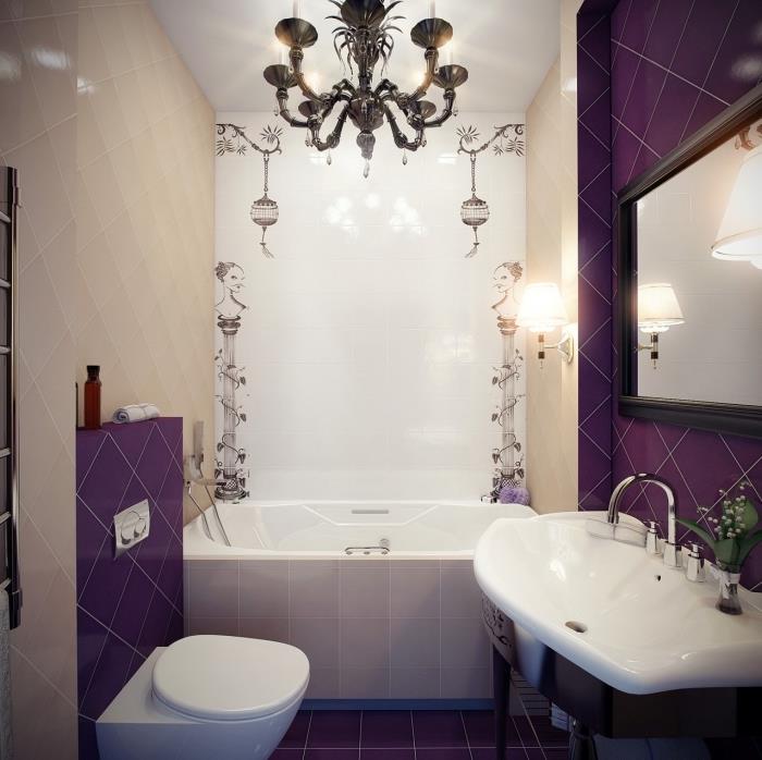 v kakšni barvi okrasite majhno sodobno kopalnico z bež ploščicami in vijoličnimi stenami