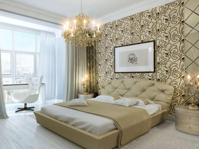 büyük düğmeli baş yatağı, siyah kaydırma desenli bej duvar kağıdı duvarları ile modern ve lüks yatak odası mobilyaları