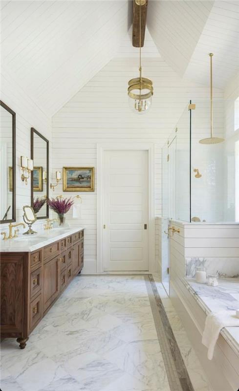 Kopalniška omarica za kopalnico iz marmorja in lesa, najlepša kopalnica na svetu, izviren okrogel lestenec v vintage slogu