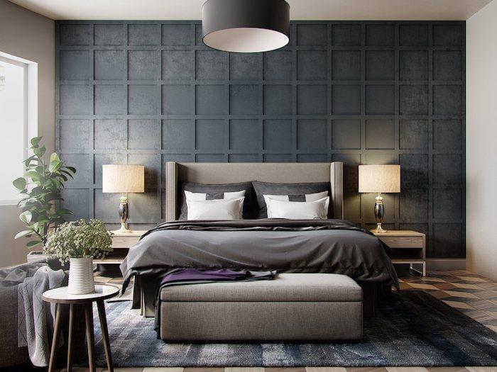 Temno siva na eni od sten, udobna odtenek sive postelje, dekoracija spalnice, kombinacija sive barve