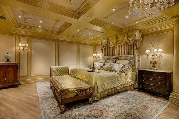 barok yatak, İran halısı, büyük çekyat, masif ahşap şifonyer, bej tavan