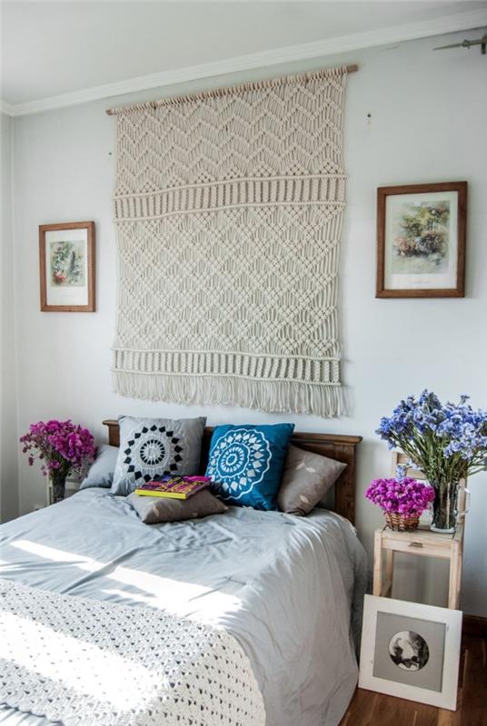 makrome duvar ip ile yapımı kolay pamuk sopa ahşap düğüm makrome dekorasyon küçük yatak odası etnik desenler