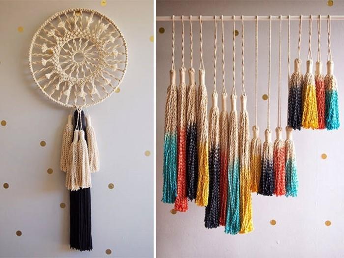diy makrame, stenska dekoracija, bele tapete z zlatimi pikami, tehnični makrame