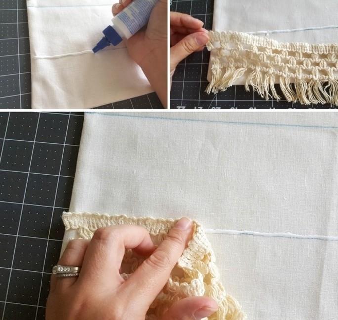 diy macrame, sledijo koraki, močno lepilo, makrame trak, bela prevleka za blazino