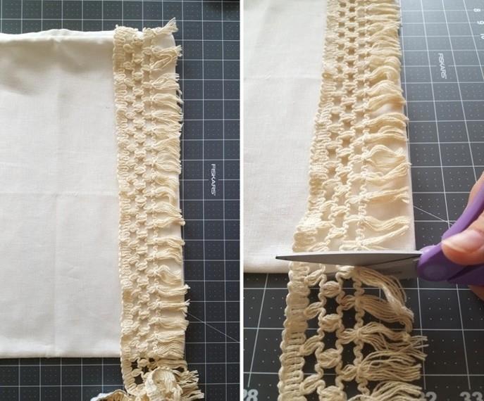 diy macrame, kako narediti prevleko za blazino, trak macrame z resicami, škarje