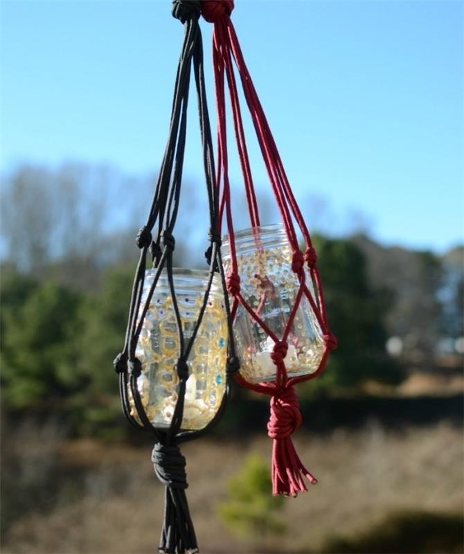 diy macrame, luč za sveče, stekleni kozarec, okras v zlati in turkizni barvi