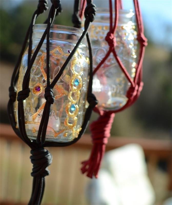 tehnični makrame, stekleni kozarec, luč za sveče, okras v zlati in turkizni barvi