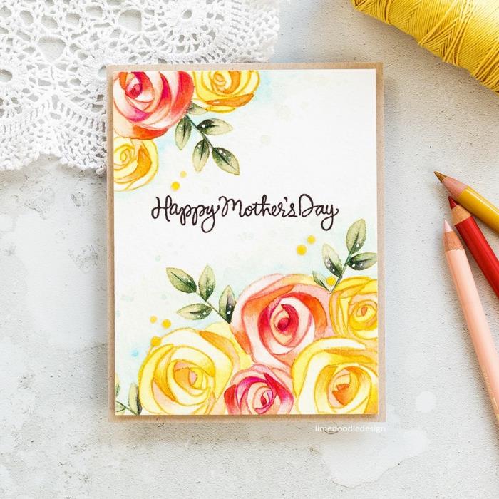 Graži nupiešta atvirutė su gėlėmis rankiniu būdu vaikams, piešimas motinos dienai