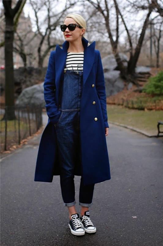 Madingi kombinezonai angliškuose kombinezonuose „ootd day outfit“ žiemos išvaizda su mėlynu paltu