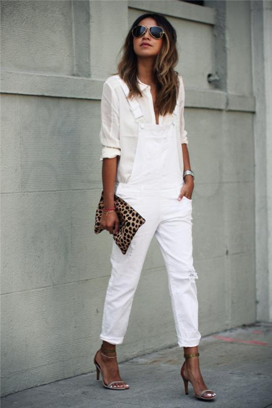 Hlače v beli obleki izgledajo kot denim jakna, elegantna ženska obleka in sandale s peto