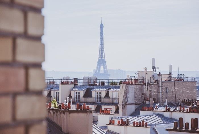 Paris Eyfel Kulesi Paris çatıları ile güzel manzara görüntüsü, Fransa güzel bahar manzarası, megapolis fotoğrafı