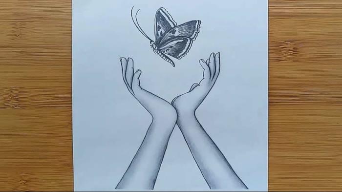Rankos ir drugelis skrenda, kaip padaryti drugelio piešimo spalvą, lengva piešti