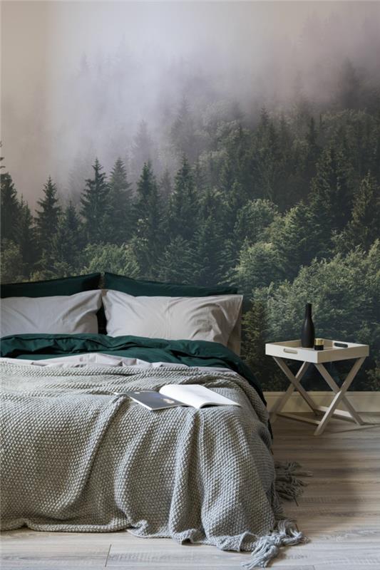 Miegamasis su kalnų tapetais gražūs kokono tapetai, jauki buto dekoravimo nuotrauka