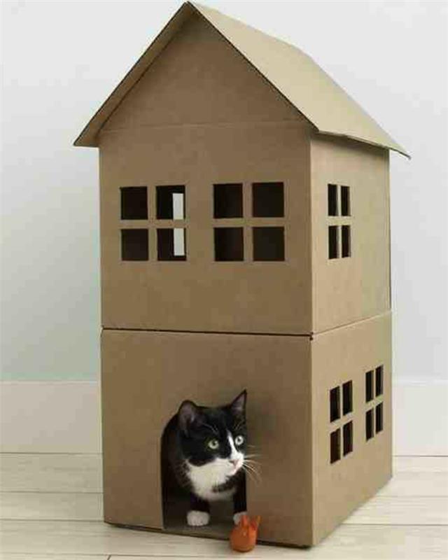 kietas kačių namelis, kartono dizainas, dviejų aukštų namas